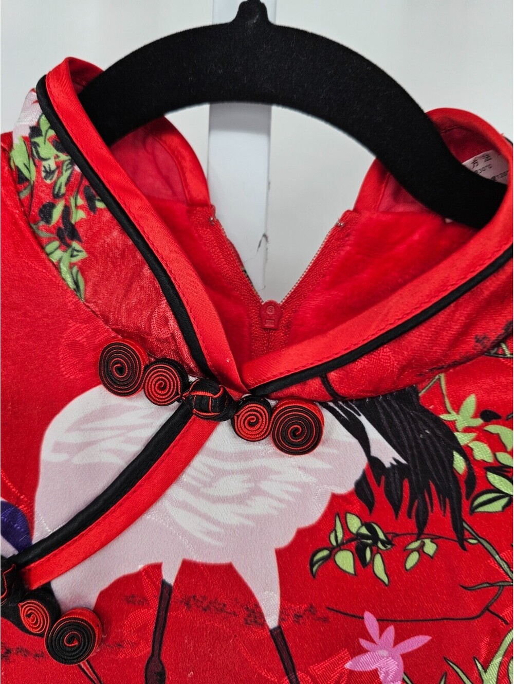 Vintage Girls Sz L red Crane Print Qi Pao Cheongsam Dress Long Sleeve - Picture 3 of 5